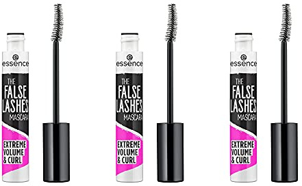 essence THE FALSE LASHES MASCARA EXTREME VOLUME & CURL, Wimperntusche, schwarz, schwunggebend, volumengebend, vegan, ohne Parfüm, ohne Alkohol, 3er Pack (3 x 10ml)
