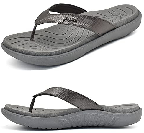 jiajiale Flip Flops Damen Mode Orthopädische Leder Stoff Leicht Zehentrenner Frauen Bequeme Yoga Fußbett Badelatschen Sommer Strand Rutschfest Feste Gummi Sohle Grau EU38