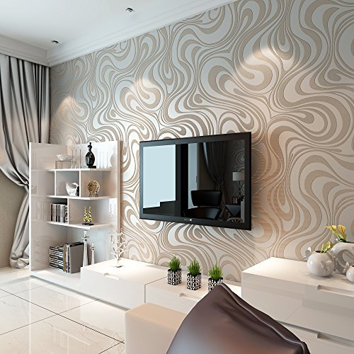 MEAIHOME Moderne abstrakte 3D-Kurvvlies-Beflockung, gestreift, für Tapetenrolle, 0,7 m (B) x 8,4 m (L) = 5,88 m², cremefarben und grau