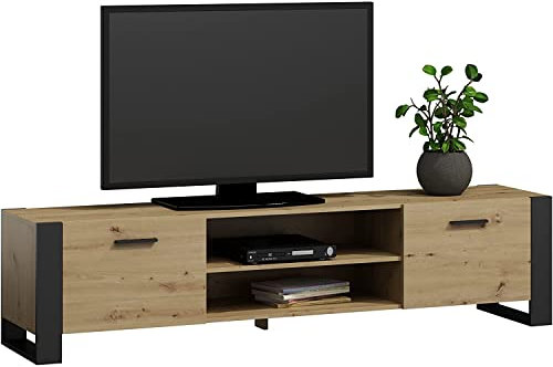 MATKAM TV-Kommode ALBA Loft, H50 x B185 x T43,6 cm, EIN offenes Regalfach in der Mitte, Links und rechts Fächer mit Türen, konische Beine (Artisan Eiche)