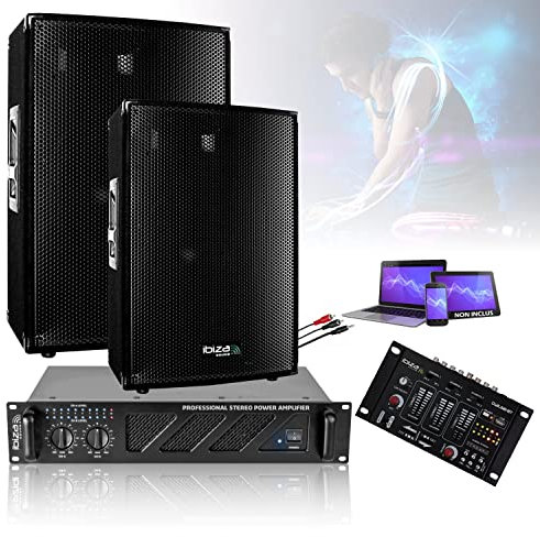 Ibiza Sound Light - Pack Sono Ibiza Sound 2800W Total 2 Enceintes 2x600w - Ampli Ventilé 2x800w - Tâble de mixage - Câblage - Idéal Bar Club Mariage