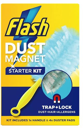 Flash Duster Dust Magnet Starter Kit (1 Handle + 4 Refills), Trap & Lock Away Dust, Dirt & Hair In No Time