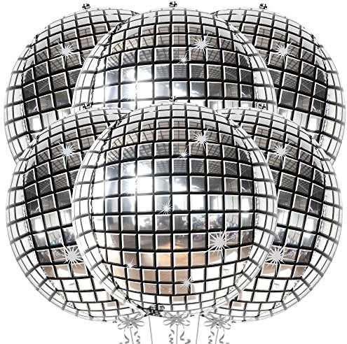Silberne DiscokugelLuftballons, Dekorationen – Packung mit 6 Stück, 70er Jahre Junggesellinnenabschied Dekorationen | Silber 55,9 cm 360 Grad 4DKugel Metallic Disco Luftballons | Disco