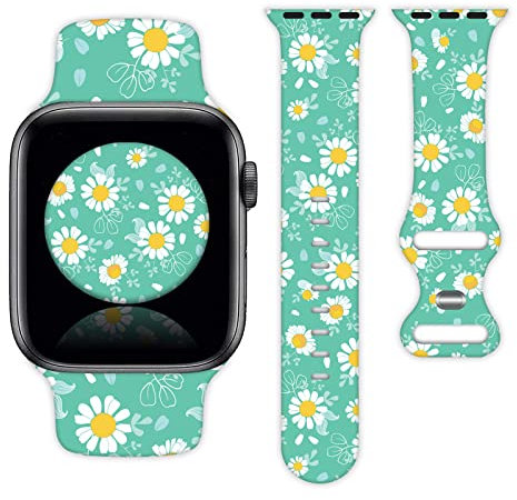 Correa de reloj con diseño floral de margaritas verdes compatible con Apple Watch de 38 mm, 40 mm, 41 mm, 42 mm, 44 mm, 45 mm, 49 mm, para mujeres y hombres, correa deportiva de silicona para iWatch
