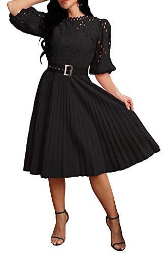 IWFEV Robe plissée en dentelle à manches bouffantes mi-mollet et manches courtes Robe de soirée creuse, noir, Taille L