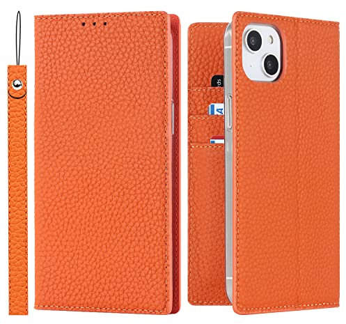 Cavor Phone Case Compatible for iPhone 14 Plus,Genuine Leather Flip Wallet Case,[3 Card Holders][Magnetic Closure][RFID-Blocking][Lanyard],Protective Case Cover for iPhone 14 Plus - Orange