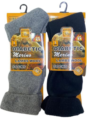 ZRWASKA Men's Diabetic Merino Wool Socks Merino Wool Blend Thermal Sock Extra Warm 2.4 TOG UK Size 6-11 Hiking, Walking, Thermal, Outdoor Winter Sox (Pack of 2 (Assorted))