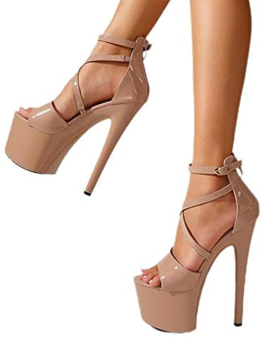 Bleau Sexy Super High Heel Plateau Pole Dancing Schuhe Mode Offene Zehen Schnalle Riemen Sandalen Sommer Reißverschluss Damen Pumps-Aprikose, 40