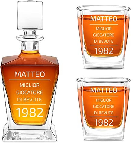 Maverton caraffa per whisky da 800 ml con incisione + 2/4/ 6 bicchieri - Decanter per whisky in vetro - Incisione personalizzata - Set per il whisky per Lui per compleanno - Campione