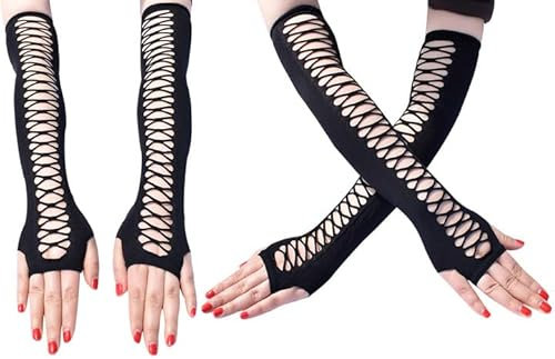 SEAUR Damen Armstulpen Schwarz Goth Punk Handschuhe Fingerlos Elastisches Fischnetz Armwärmer für Cosplay Karneval Party Halloween Kostüm - 2 Paar