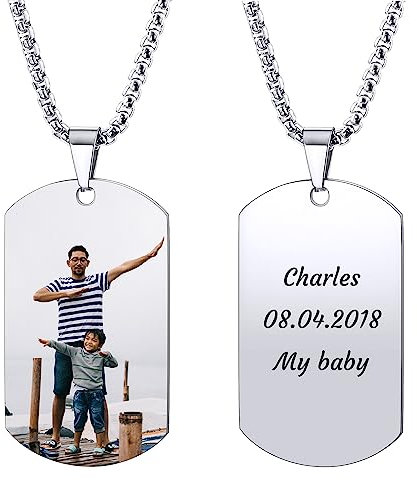 AOTXOXTOA Edelstahl Halskette Hundemarke Anhänger mit Verstellbarer Kette Schlüsselanhänger Schalldämpfer Personalisierte Fotogravur Bild für Männer Frauen Memorial Image Schmuck Geschenk