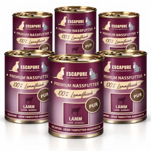Escapure Lamm PUR Nassfutter 6x400g – Premium Monoprotein | 100% Lammfleisch – hypoallergen, getreidefrei & für Ausschlussdiäten
