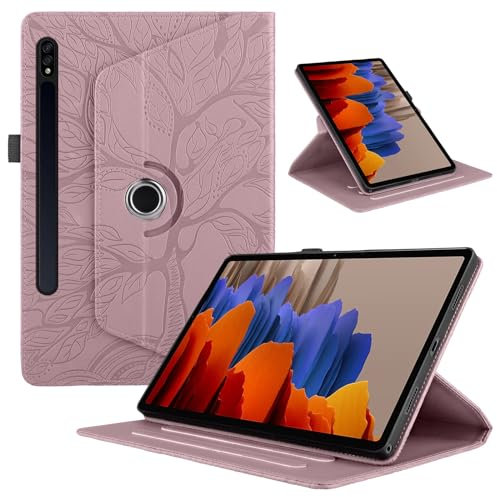 TEDTIKJT Funda para Samsung Galaxy Tab S9/ S8/ S7 11 (SM-X710/X700/T870) PU Cuero Tablets Protectora Cover 360°Carcasa Giratoria de ángulo Múltiple Stand Función Tablets Funda,Oro Rosa Árboles