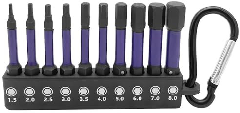 Saipor 10pcs Metric Impact Hex Head Allen Wrench Set, 1/4 Inch Shank Magnetic Bits, S2 Steel Power Set With Storage Holder and Carabiner (2 Inch Long)