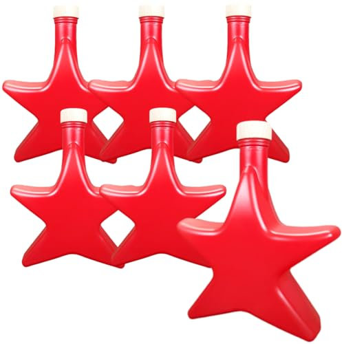 gouveo 6er Set Glasflasche 200 ml Stern rot gefrostet mit Holzgriffkorken - Weihnachtsflasche in Stern-Form - Sternflasche mit Korken zum Befüllen und Verschenken