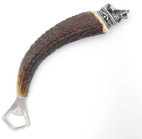 GTK Geweihe & Trophäen Krumholz Apribottiglie con corna di cervo, manico in corno di cervo con tappo terminale, decorazione di cinghiale, testa di cuneo, GL 22 cm, 27.19.6.38