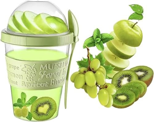 4All Yogurt Pots Spoon Reuseable 600ml Museli Cup With Lid Overnight Oats container20oz BPA free Breakfast Lunch Oatmeal Jars On the GO Snack Container Travel Meal Food Container (Green)