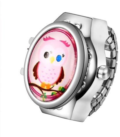JewelryWe Ringuhr Fingeruhr Damen Elastisch: Cartoon Eule Analog Quarz Fingerringuhr Ring Uhr Uhrenring mit Edelstahl Elastisch Band #c