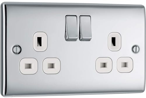 AMK® BG Nexus Polished Mirror Chrome 13amp Double Plug Socket 2 Gang Decorative Sockets White Inserts