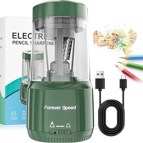 Forever Speed Elektrischer Anspitzer USB für Buntstifte, Automatischer Elektrischer Bleistiftspitzer akku für 6–8mm dicke und dünne stifte, robust, Büro, Schule, Zuhause, tragbar, Auto-Stop, Grün
