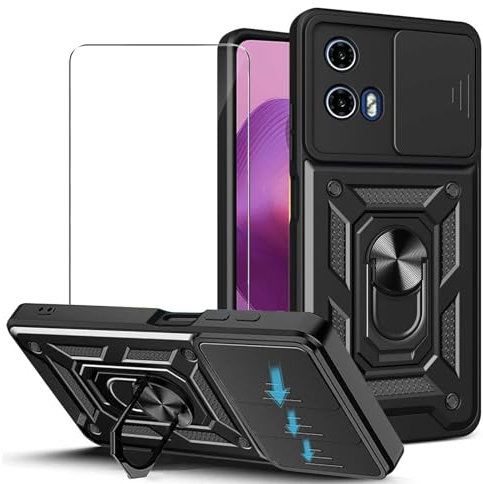 JDXHFF Funda Compatible con Motorola Moto G04 4G / G24 / G04s / Moto E14 4G (6.56) con 1 x Protector de Pantalla - PC Dura y Suave TPU Carcasa Silicone con Giratorio de 360° Soporte Case Negro
