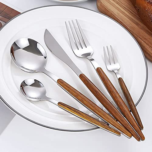 Juego de cubiertos de 60 piezas para 12, juego de cubiertos con mango de clip de madera de imitación de acero inoxidable, juego de cubiertos pulidos con espejo, juego de utensilios de cocina reutiliz