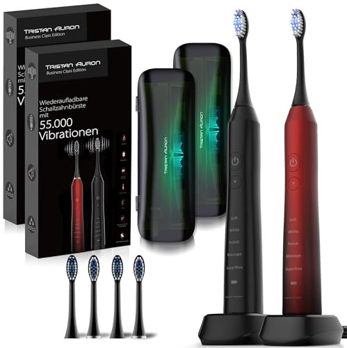 Tristan Auron Schallzahnbürste Doppelpack 55000 VPM + UV Case - 60 Tage Akku - 5 Putzmodi - IPX7 Wasserdicht - Ladegerät für elektrische Zahnbürste (rot/schwarz)