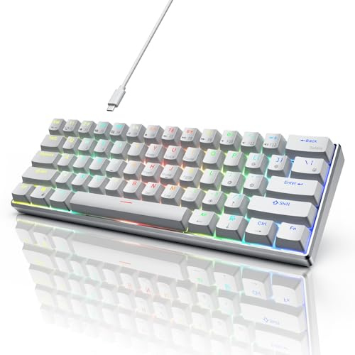 RK ROYAL KLUDGE Teclado mecánico 60% RK61 Pro, teclado para juegos con cable, marco de aluminio, retroiluminado RGB programable, 61 teclas ultracompacto, interruptor azul Gateron, blanco