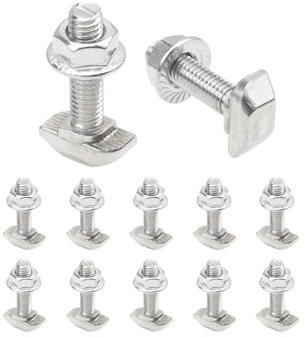 Rrina 12 Sets M6x25 304 Stainless Steel Hammer Head T-Slot Drop-in Stud Sliding Bolt Screw Flange Nut for 30 Series European Standard Aluminum Profile