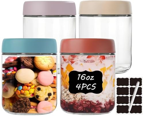 twoant 4er Pack 500ml Overnight Oats Gläser mit Schraubdeckel Einmachgläser für Gewürze Joghurt Luftdicht Wiederverwendbare Glasbehälter mit Deckel Mason Jar Meal Prep Boxen mit Etiketten & Stift