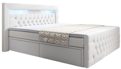 Boxspringbett Sera 180x200 Doppelbett Polsterbett Bett mit LED-Beleuchtung und Stauraum | Bezug: Samt | Farbe: Weiß | Härtegrad: H4 (100kg+)