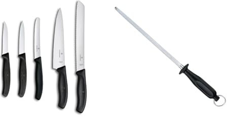 Victorinox Swiss Classic Kitchen Set, 5 Pieces, Black & Sharpening Steel 25cm Black/Silver