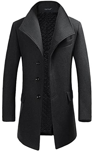 YOUTHUP Men's Coat Winter Thick Warm Coat Slim Fit Padded Wool Trench Casual Peacoat