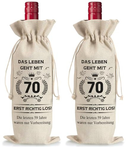 2 Stück Weinflasche Tasche Jute, Geschenke zum 70 Geburtstag Mann Frau, Weinbeutel Wiederverwendbare Wein Geschenkbeutel mit Kordelzug Wein Geschenktasche Weinflaschen Geschenktüten für Sektflaschen