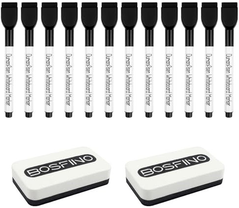 DumanAsen Dry Wipe Pens, 12 Pcs Black Magnetic Whiteboard Pens with Erase, Fine Point Dry Erase Markers Perfect For Writing on Whiteboards, Dry Erase Boards, Dry Erase Pens