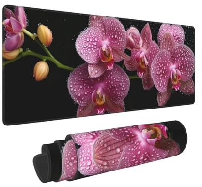 Grand tapis de souris de jeu 700x400x3mm Multifonction Mouse Pad, avec bords cousus, base en caoutchouc naturel antidérapant durable tapis de clavier Phalaenopsis rose Tapis de Bureau pour Gamer E-169