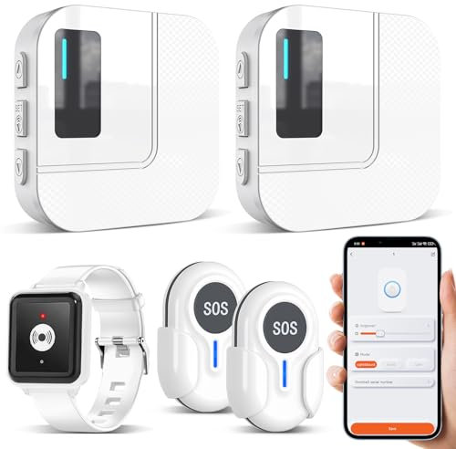 Daytech Allarme Intelligente per Anziani WiFi Tuya,Pulsante Salvavita Anziani,Per le persone che hanno bisogno di essere assistite a domicilio (2 Ricevitori + 2 Pulsanti + 1 Braccialetto)