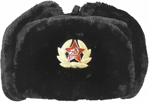 Vintage Sowjetische Armee Pelz Trapper Hut Herren Russische Trapper Winter Warme Mütze Kappe mit sowjetischem Abzeichen Unisex Kunstpelz Uschanka Klappen Hut Sowjetischer Stil Unisex Wintermütze