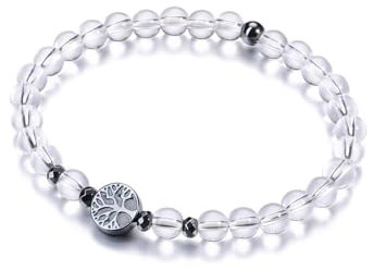 PiercingJak Bergkristall Armband Stein Perlen mit Hämatit Lebensbaum Anhänger Damen Perlenarmband Naturstein Yoga Armreif Spiritueller Schmuck Freundschaft Geschenke für Frauen Mädchen