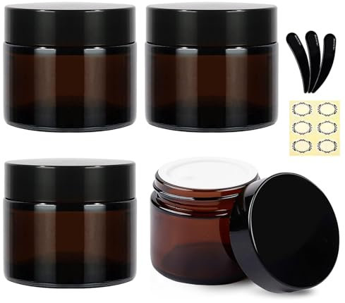 Apstaqeoo 4Pcs 30ml/30g Amber Glass Jars - Round Empty Cream Jars TSA Approved Travel Cosmetic Container with Inner Liners/Black Lids/Spatulas - Refillable Sample Pots for Lotion Face Body Hand Cream