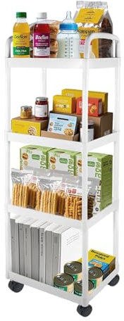 CROWNSHOP Storage Trolley on Wheels - 4-Tier White Kitchen Trolley with Lockable Wheels | Plastic + Stainless Steel Mobile Organiser for Bathroom Office