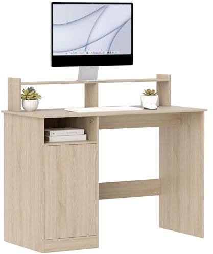 HOMCOM Escritorio con Estantería Moderno Escritorio con Puerta Compartimentos Abiertos y Soporte para Monitor Mesa para Estudio Dormitorio Hogar Oficina 108x50x94 cm Natural