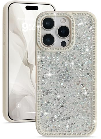 EYZUTAK Glitzer Hülle für iPhone 13 Pro Max, Luxus Glitter Pailletten Handyhülle mit Glänzende Diamanten Strass Grenze Schön Eleganz Dünne Weiche TPU Schutzhülle für Frauen und Mädchen - Weiß
