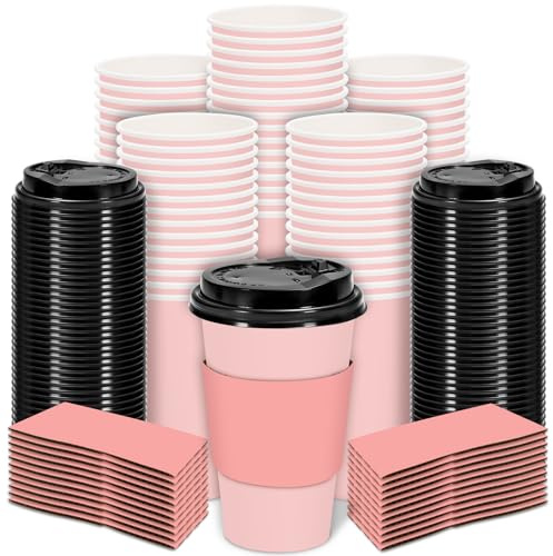 Whaline 80 Set Pink Disposable Coffee Cups with Lids and Sleeves Blush Pink Paper Drinking Cups for Romantic Birthday Wedding Party Supplies