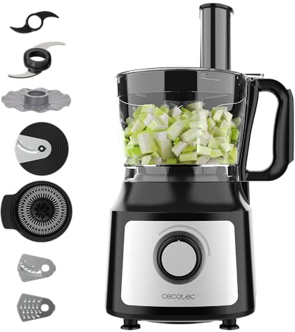 Cecotec Procesador de Alimentos FoodProcessor Comino 1000 Max. 1000W, 2 Velocidades, Bowl 2L, Exprimidor Zumos, 3 Discos Corte: para Picar, Rebanar y Amasar, Disco para Cremas, Acero Inoxidable