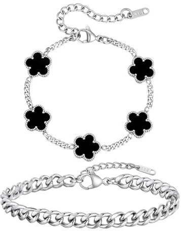 VNOX 2 PCS 4 Leaf Clover Bracelets for Men Women -Womens Mens Stainless Steel Chain Link Lucky Charm Four Clover Flower Bracelets Trendy Jewelry Gifts, no gemstone