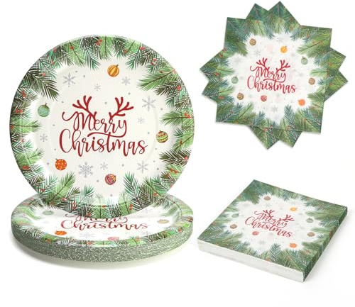 PARTY GO 50 Stück Weihnachtsteller und Servietten Weihnachten, Geschirr Weihnachten Grüne Party Tischdeko mit Tannenzweig Kranz Muster, für 25 Gäste, für Party Geburtstag Deko Kinder