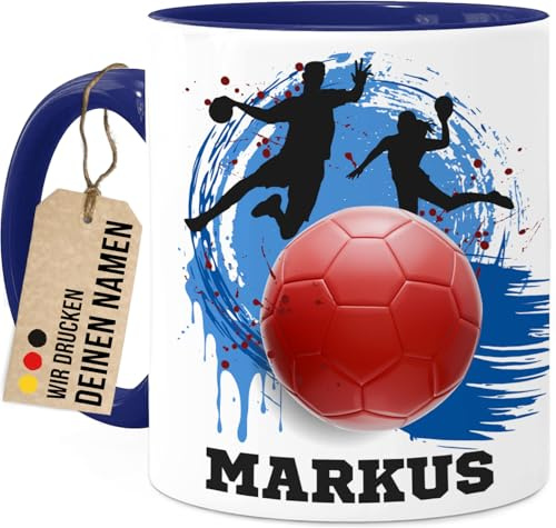 Tassenliebling® Handball Tasse personalisiert - Blau - Geschenk für Handballspieler - Handball Geschenk - Tasse mit Namen - Geschenke für Sportler - 330ml Keramik