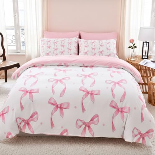 Homewish Housse de Couette 220x240 Enfant Fille Mignonne À Nœud - Parure de Lit 2 Personnes Noeuds en Ruban - Sets de Housses de Couettes Princesse Rose et Blanc avec 2 Taies d'oreiller 65x65cm