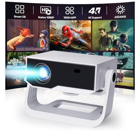 Proiettore con WiFi e Bluetooth, oltre 1000 app installate, messa a fuoco elettronica e chiave di volta automatica, zoom, nativo 1080P 650 ANSI 20000 Lumen Supporto 4K Mini proiettore video portatile